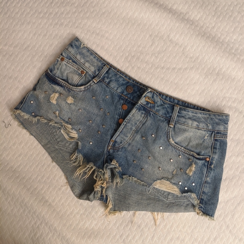 Zara Distressed Studded Denim Shorts